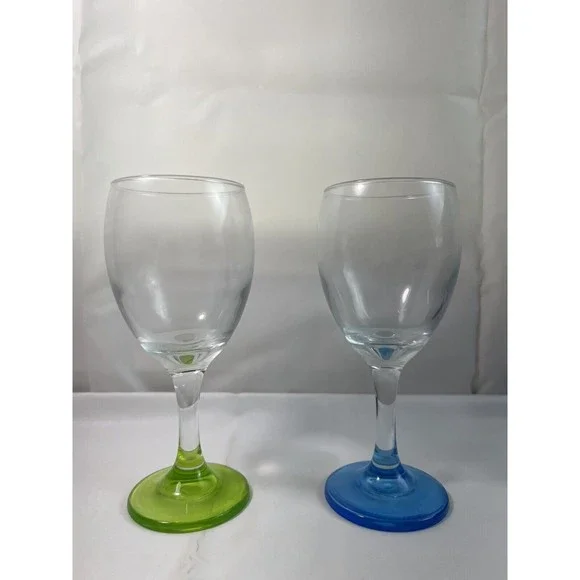 2 Wine Goblets w/Lime Green & Blue Stems&Bases 8oz, 7” Tall Clear Bowls - Picture 1 of 3